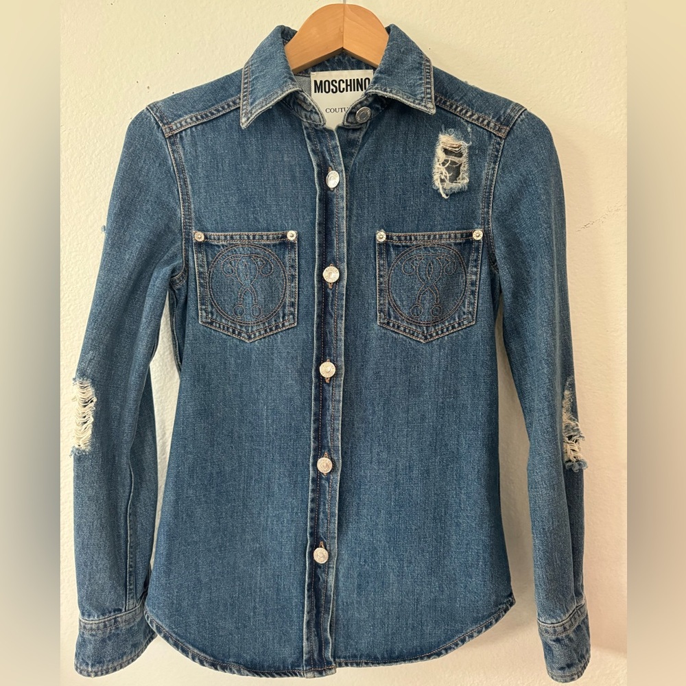 EUC Moschino Couture Distressed Denim Jean Shirt Jacket Size 2 X small Italy - Picture 2 of 16